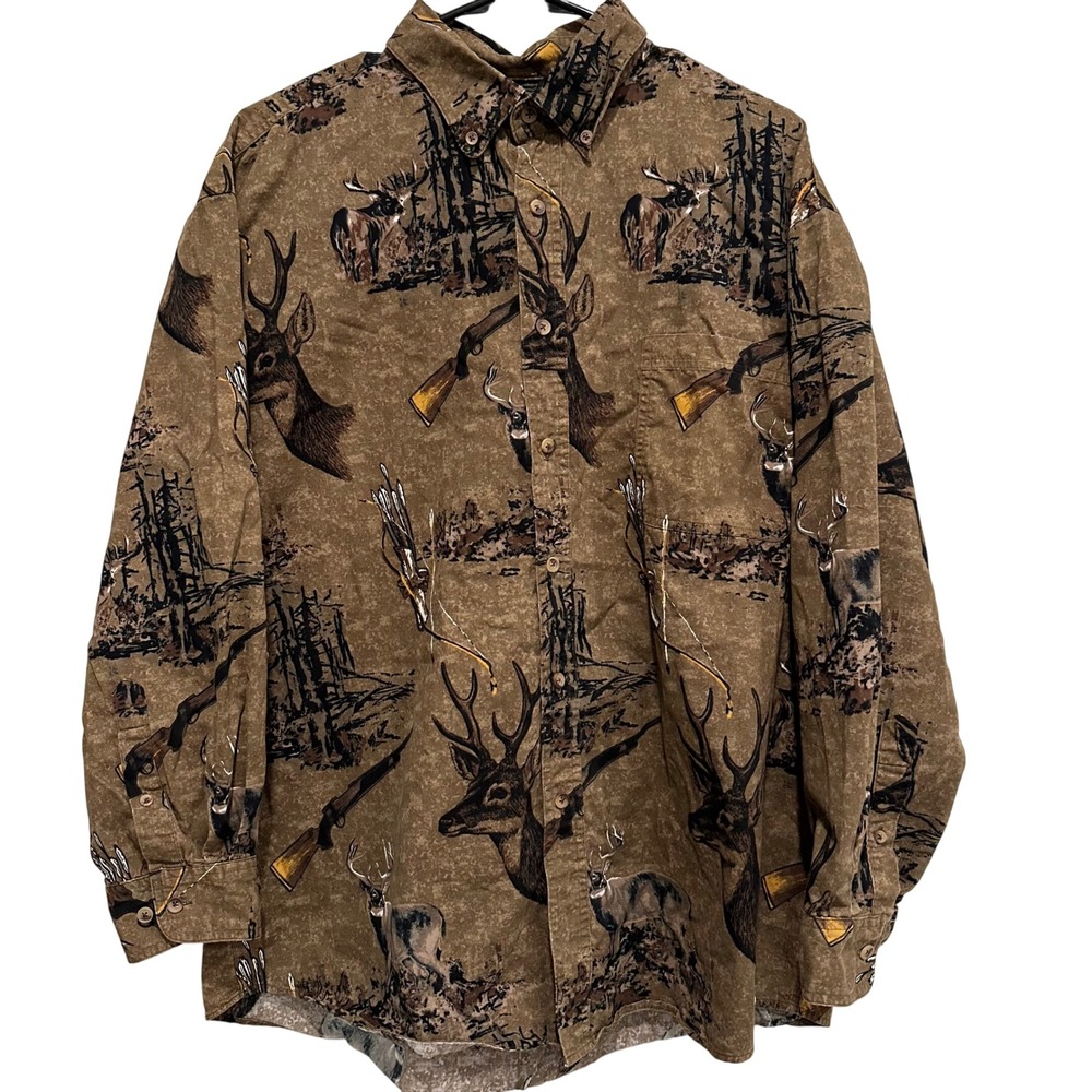 Rugged Earth Outfitters Button Down Shirt Mens XL Hunting Deer Camo Rifle Nature